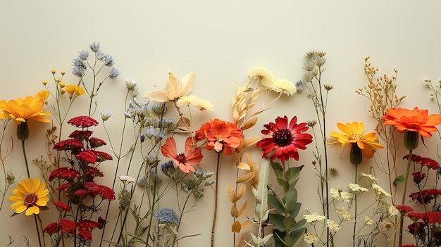 Un groupe de fleurs qui sont à côté d'un mur avec un fond blanc et un mur blanc derrière eux un