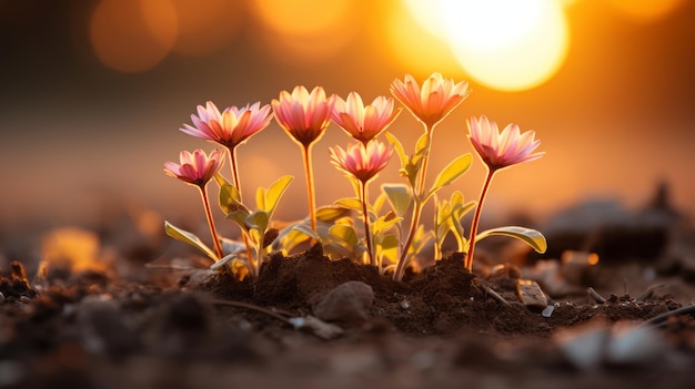 Photo un groupe de fleurs roses qui sortent du sol au coucher du soleil