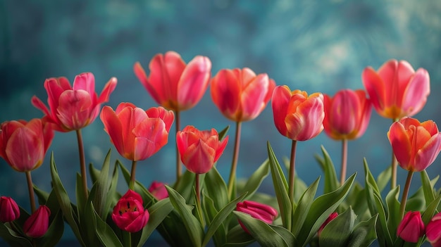 Un groupe de fleurs roses et rouges avec des feuilles vertes