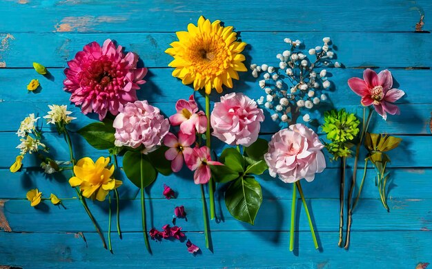 un groupe de fleurs sur une surface en bois bleu