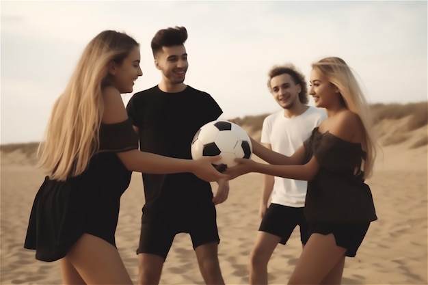 Groupe de football de sable de jeunes jouant avec un ballon de football sur la plage de sable sens de l'amusement