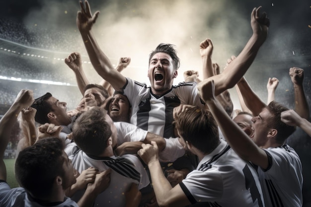 Groupe de footballeurs célébrant une victoire Belle image d'illustration Generative AI