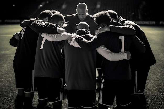 un groupe de footballeurs se serre contre un autre portant une chemise blanche sur laquelle est inscrit « le mot ».