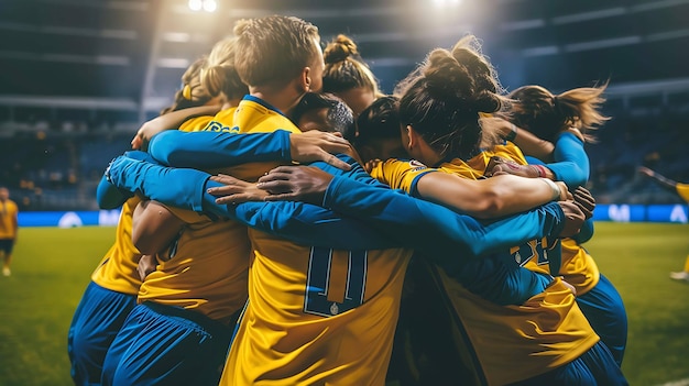 Un groupe de footballeuses célèbrent une victoire, elles s'embrassent et sautent de haut en bas.