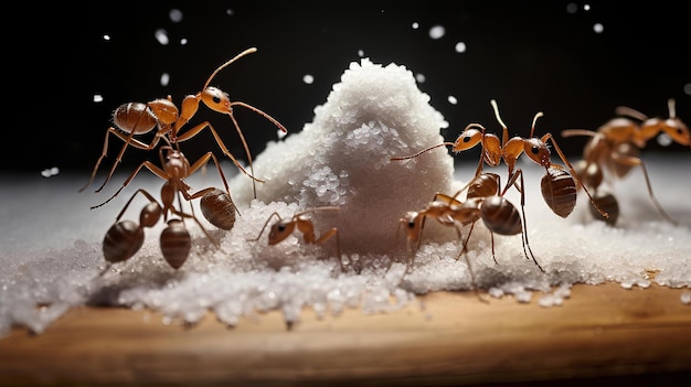 Photo un groupe de fourmis mangeant du sucre sur la table