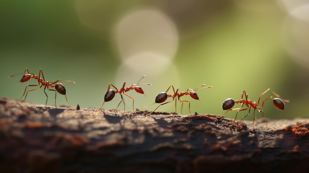 Un groupe de fourmis marche sur un morceau de bois.