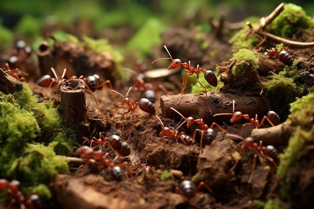 Photo un groupe de fourmis rouges est sur le sol de la forêt.