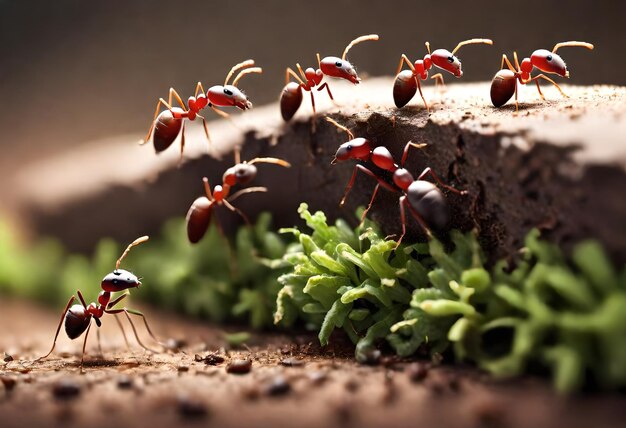 un groupe de fourmis sont sur une bûche avec une fourmi rouge sur le dessus