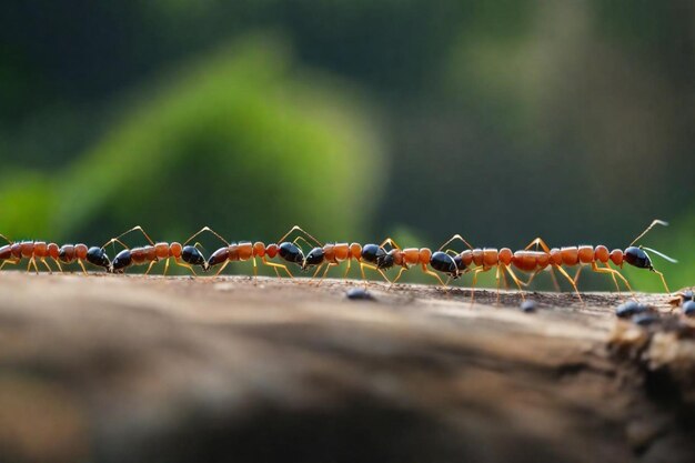 un groupe de fourmis sont sur une clôture avec un étant retenu par un groupe de Fourmis