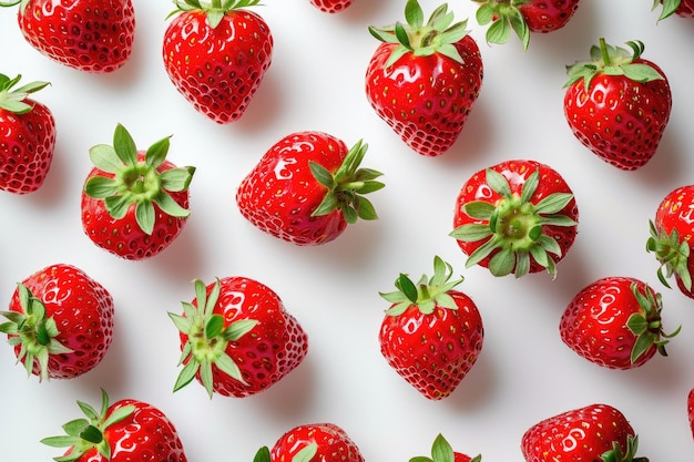 Photo un groupe de fraises disposées sur une surface blanche un motif de fraises mûres impeccablement