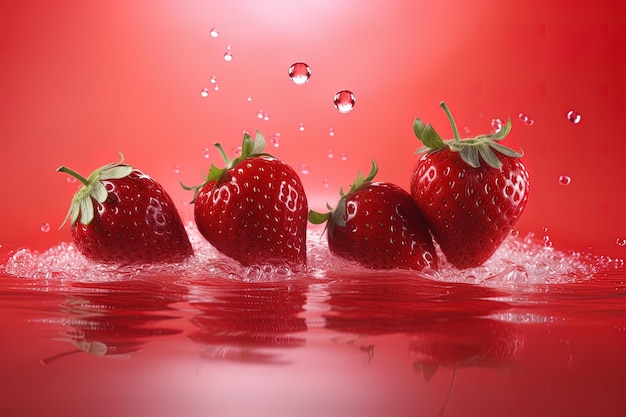 un groupe de fraises éclaboussant dans du jus de fraise