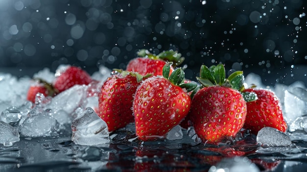 Un groupe de fraises entouré de textures glacées et de gouttelettes d'eau illustration générée par l'IA