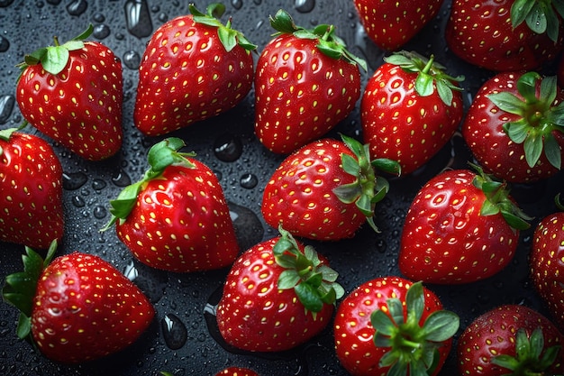 Un groupe de fraises rouges mûres est soigneusement disposé sur une table en bois chaque fraise est une prune