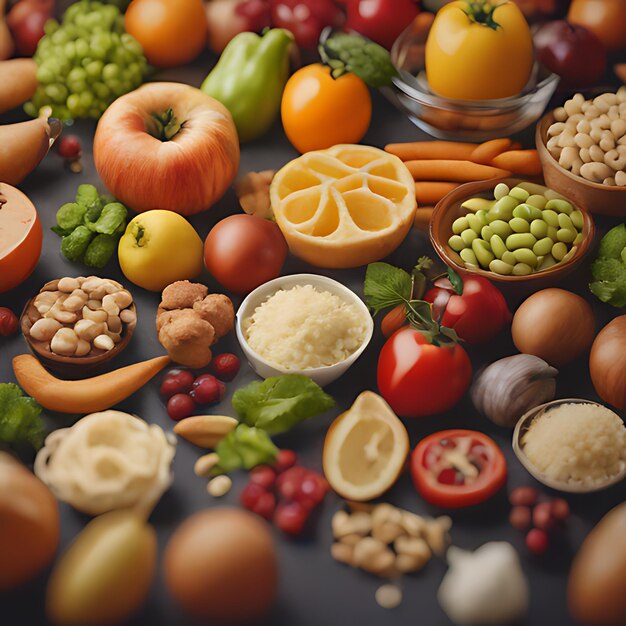 un groupe de fruits et légumes, y compris des haricots, des amandes et d'autres fruits