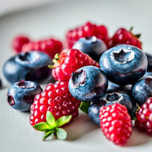 Groupe de fruits de myrtille et de framboise isolés sur fond blanc