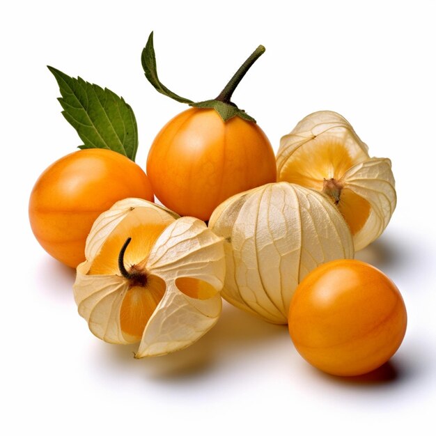 Un groupe de fruits orange avec des feuilles et des feuilles sur fond blanc.