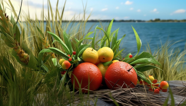 Le groupe de fruits se repose dans l'herbe