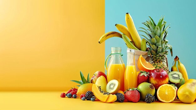 un groupe de fruits, y compris des bananes, des oranges et des bananes sont sur une table