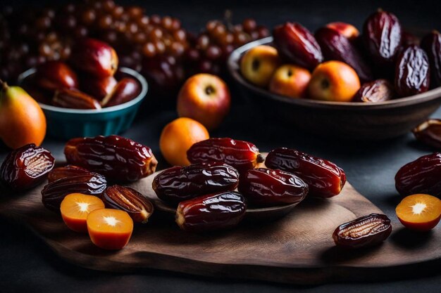 Photo un groupe de fruits, y compris une pêche, une pêche et une poire sont sur une table