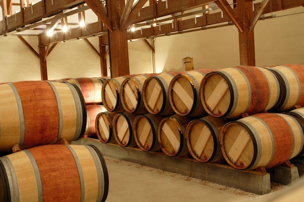 Groupe de fûts de chêne avec le vin à la cave