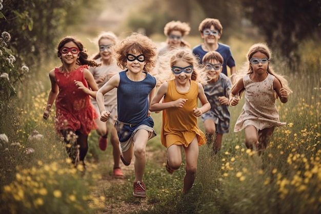 Groupe de garçons et de filles courant dans les prés et jouant joyeusement en été Ai généré