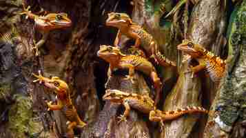 Photo un groupe de geckos à crête sur le tronc d'un arbre