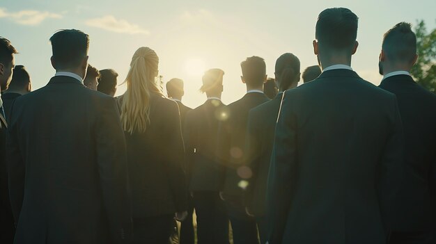 Un groupe de gens d'affaires debout dans une rangée et regardant le coucher de soleil