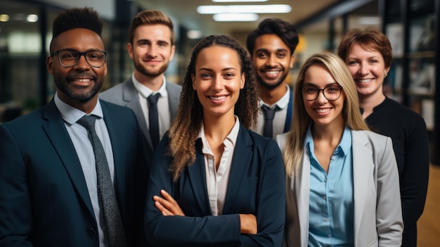 Groupe de gens d'affaires heureux debout au bureau et regardant la caméra