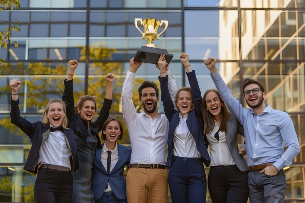 Un groupe de gens d'affaires heureux tenant un trophée entre leurs mains sur le fond d'un immeuble de bureaux