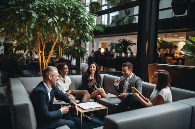 Photo un groupe de gens d'affaires s'assoient sur un canapé et parlent