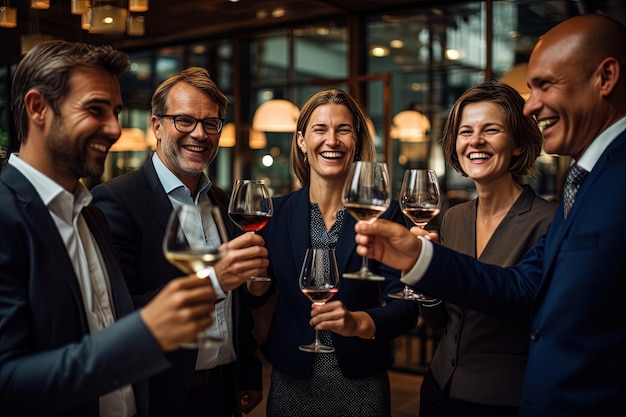 Un groupe de gens d'affaires trinquant avec des verres à vin