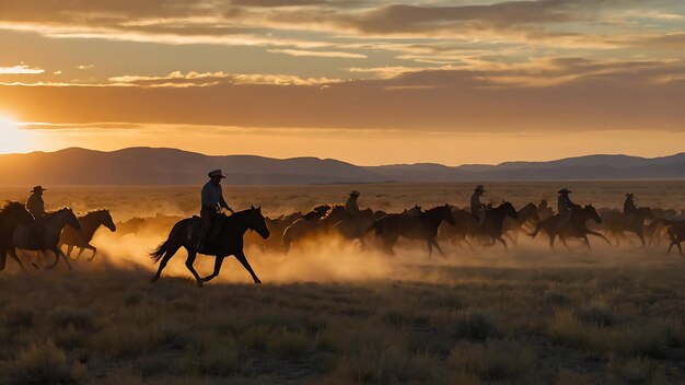 un groupe de gens à cheval dans un champ avec le soleil qui se couche derrière eux