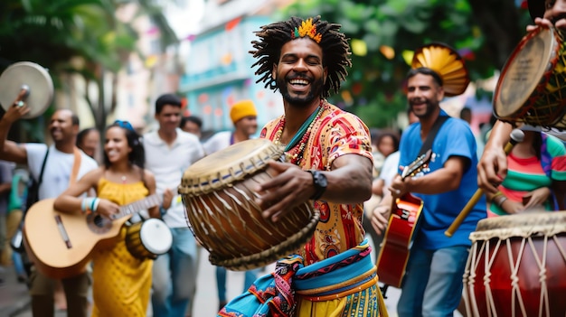 Photo un groupe de gens divers et joyeux jouent de la musique et dansent dans une rue animée.
