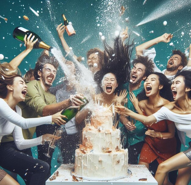 groupe de gens élégants célèbrent l'anniversaire au club jettent du gâteau éclaboussure de vin fête sauvage danse crier rire