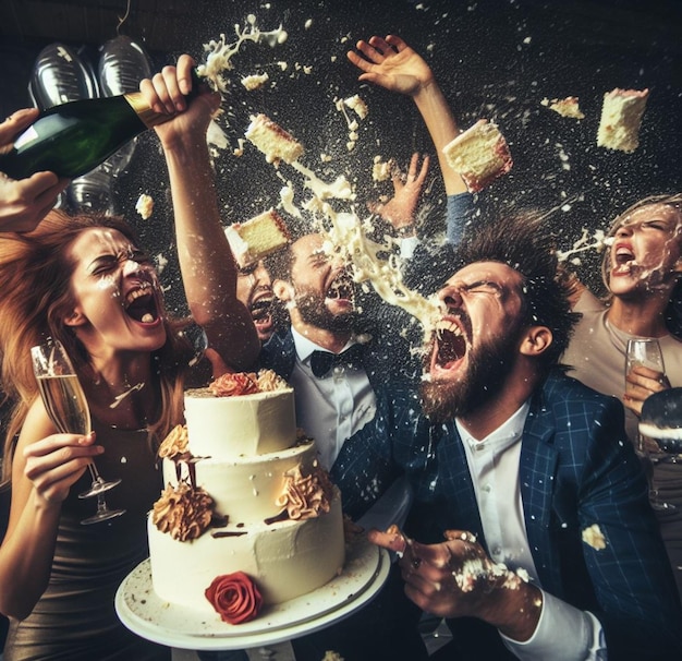 groupe de gens élégants célèbrent l'anniversaire au club jettent du gâteau éclaboussure de vin fête sauvage danse crier rire