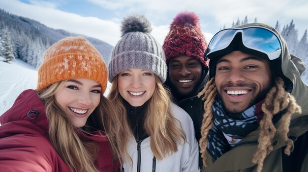 Un groupe de gens heureux se détendant dans les montagnes dans une station balnéaire