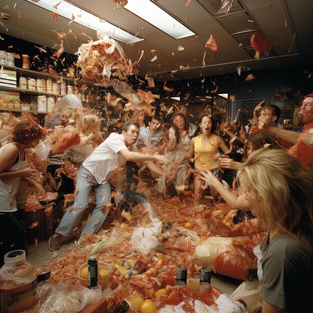 Photo un groupe de gens jette de la nourriture dans un magasin.