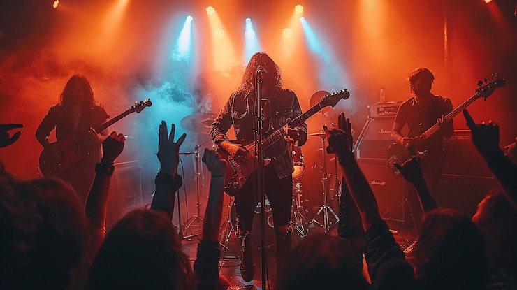 Photo un groupe de gens joue de la guitare et le groupe porte une tenue noire