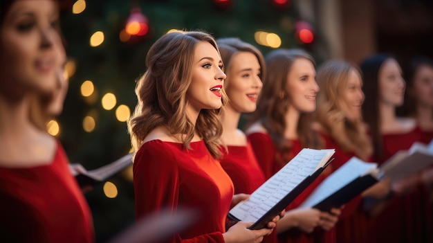 Photo un groupe de gens joyeux chantant des chansons de noël vêtus de vêtements de fête avec des chapeaux de père noël et des foulards rouges entourés par la lueur des lumières chaudes