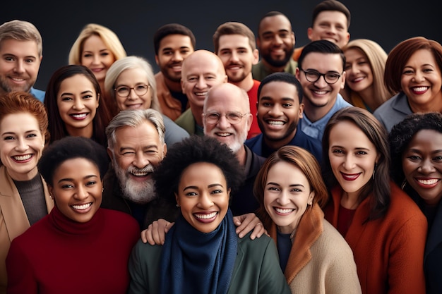 un groupe de gens avec des visages heureux et un fond sombre