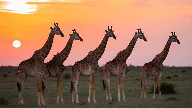 Photo un groupe de girafes dans le parc national du serengeti au coucher du soleil