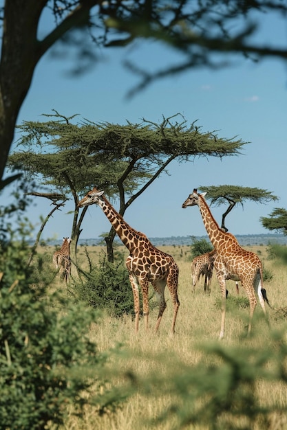 Photo un groupe de girafes paissant parmi les acacias dans la savane africaine