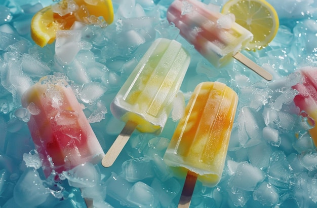 un groupe de glace rasée avec du citron, de lananas, de l'orange et des glaçons à la banane