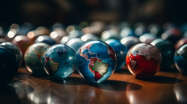 Photo un groupe de globes sont alignés sur une table, l'un d'eux étant marqué 