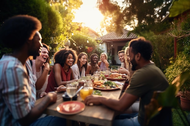 Un groupe de grandes familles s'amusant, communiquant entre eux et mangeant au dîner en plein air. La famille et les amis se sont rassemblés à l'extérieur de leur maison par une chaude soirée d'été.