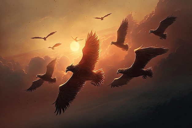 Groupe de griffons volant en formation contre le coucher du soleil