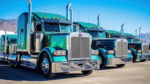 Groupe de gros camion avec différentes couleurs et ciel bleu
