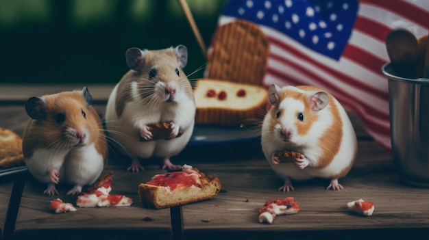 Un groupe de hamsters assis sur une table en bois image générative ai