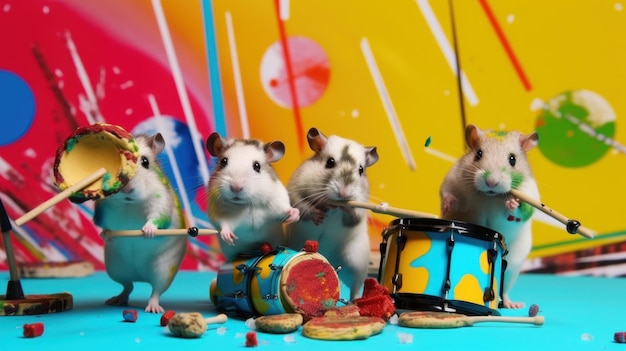 Photo un groupe de hamsters jouant d'un instrument de musique image ai générative