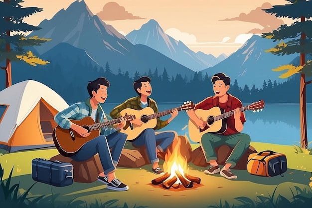 un groupe heureux d'amis asiatiques jouant de la guitare et chantant en train de camper et de boire de la bière